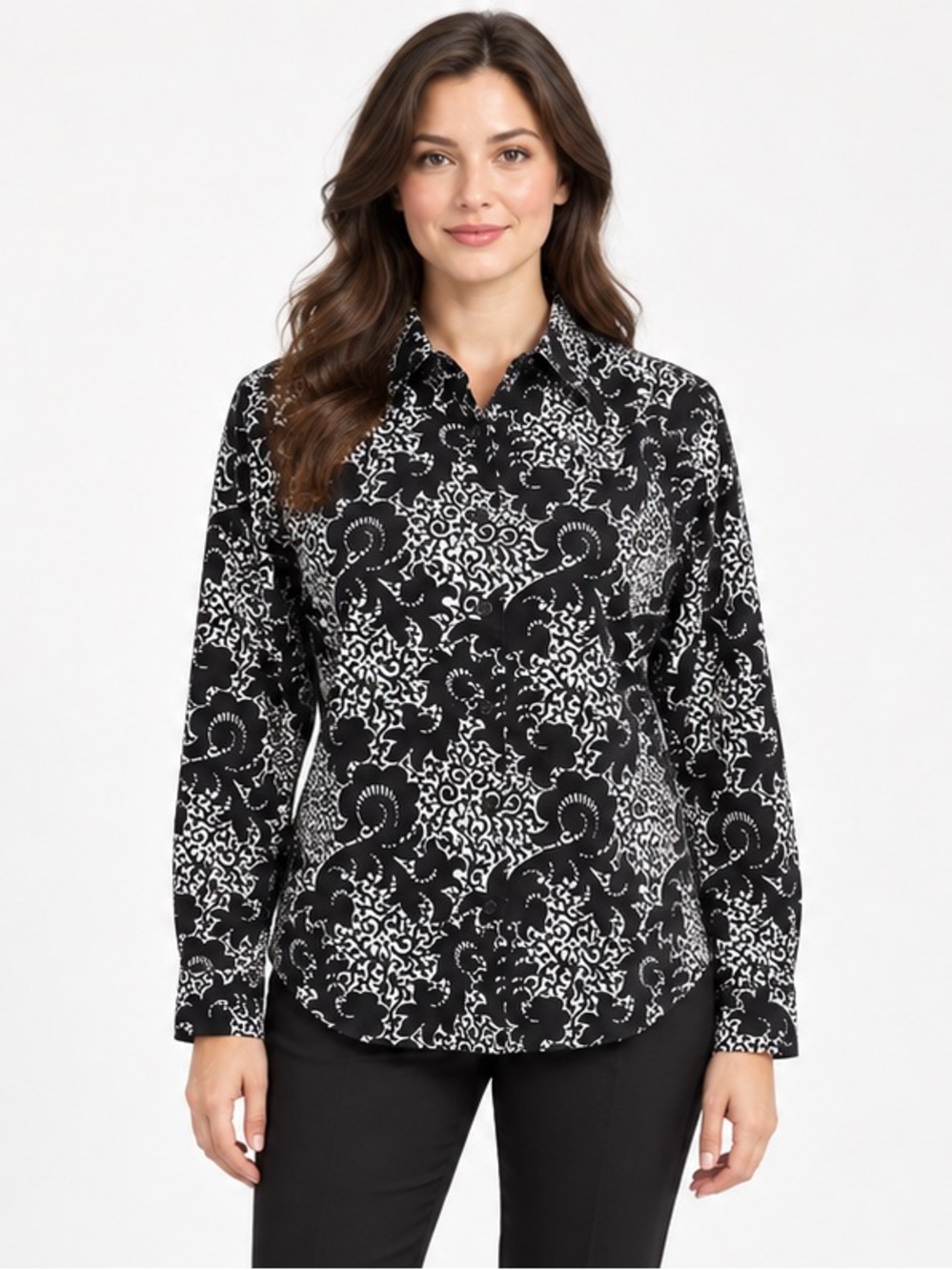Foxcroft 6P Black & White Abstract Scroll Wrinkle-Free Shaped Fit Button-Down